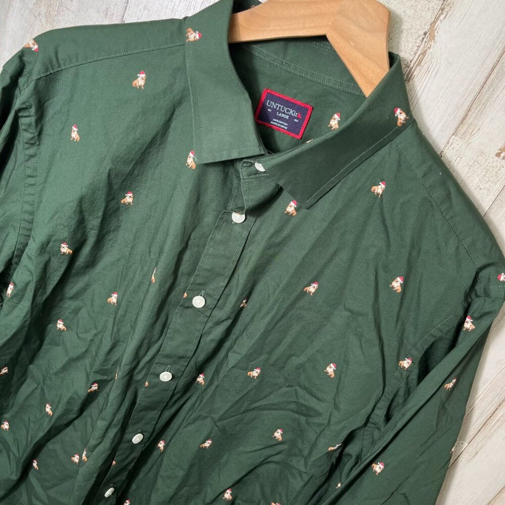 UNTUCKit Christmas Green‎ Dog Button Up Long Sleeve Shirt Mens Size Large